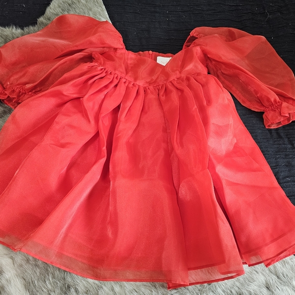 SELKIE Winter Red Puff Dress, Cute Viral Ruby Organza Princess Dress - Picture 10 of 12